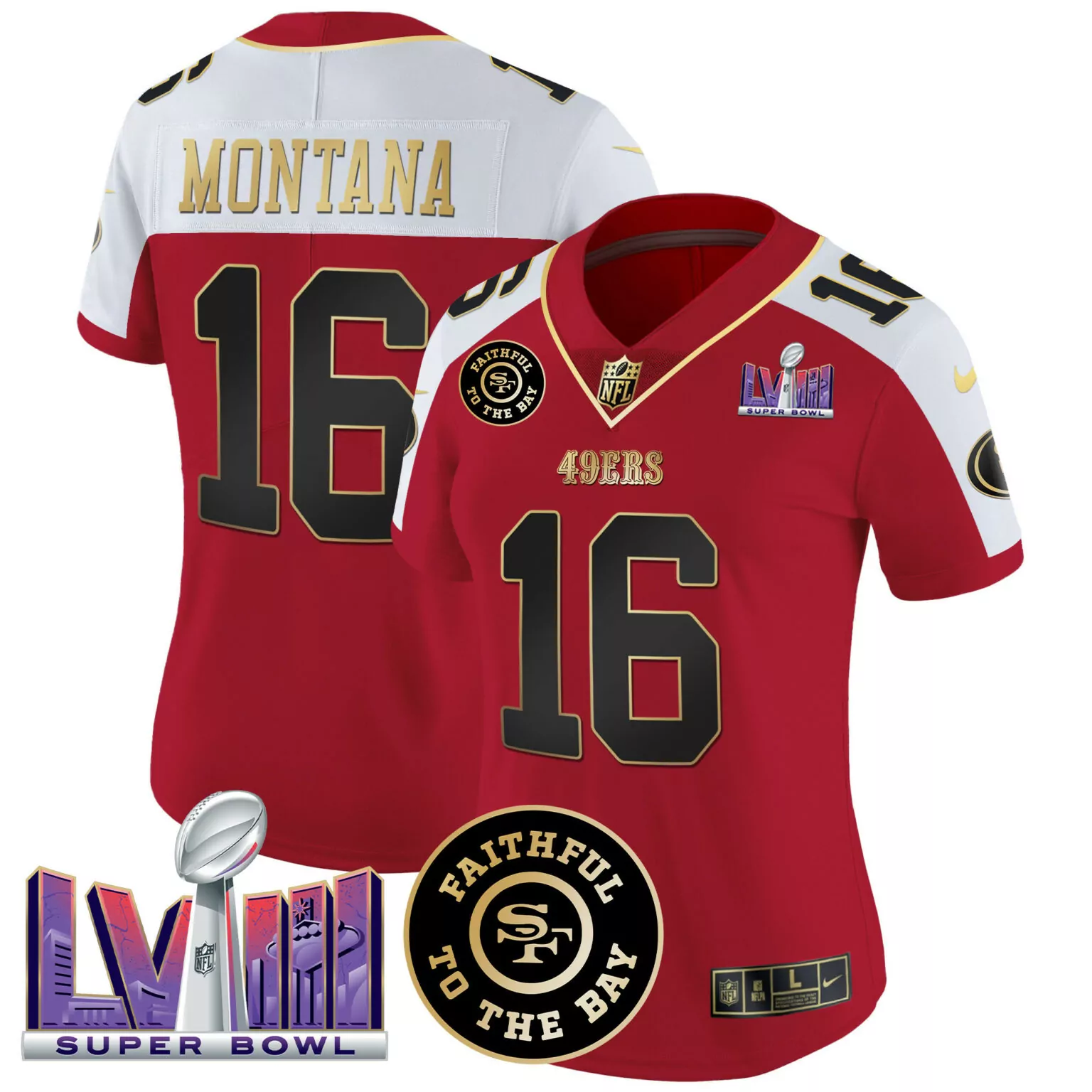 Joe Montana 16 49ERS Jersey Red Super Bowl Lviii Faithful To Bay Men Player Split Design