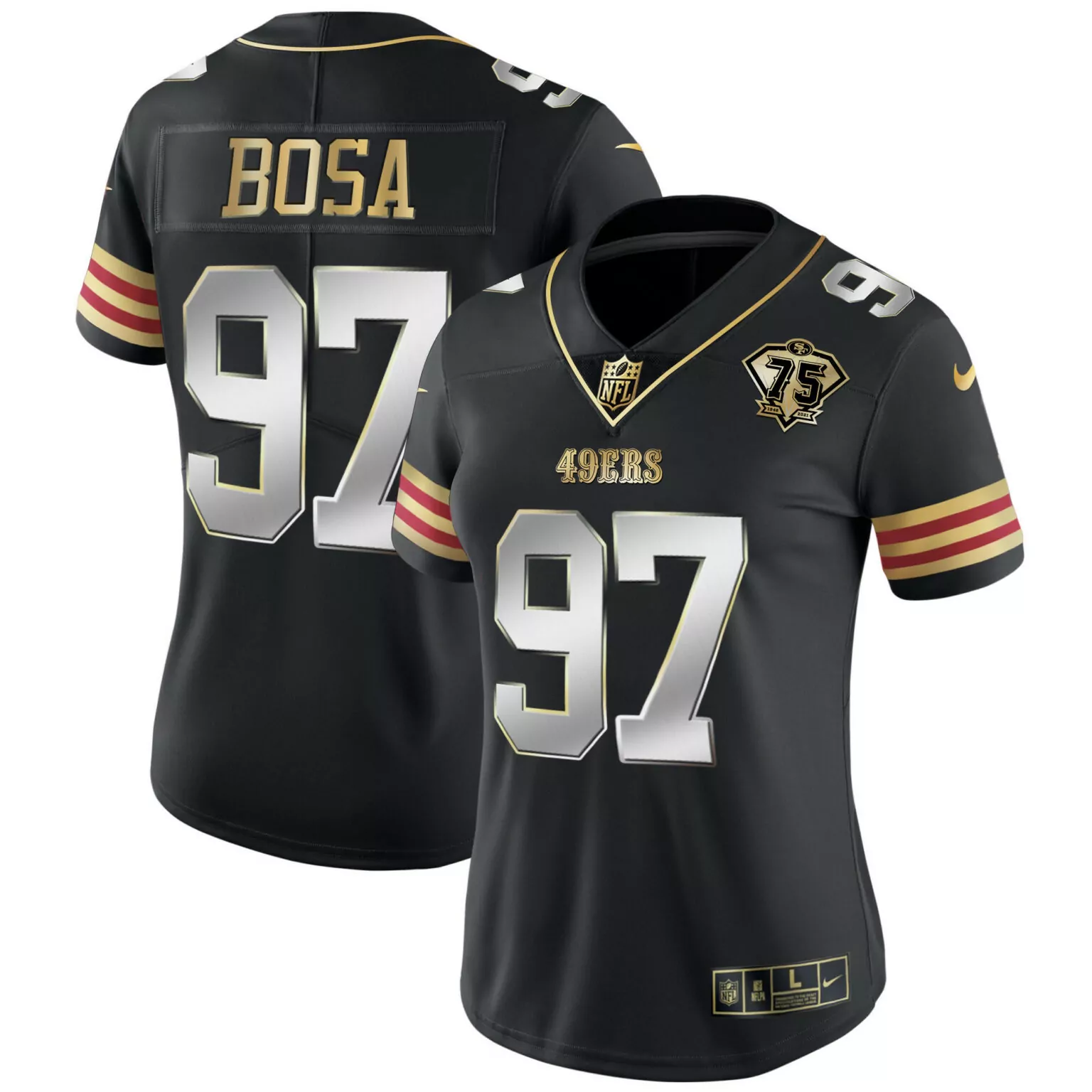 Nick Bosa 97 49ERS Jersey Black 75th Anniversary 1946-2021 Men Gold Red Silver Vapor