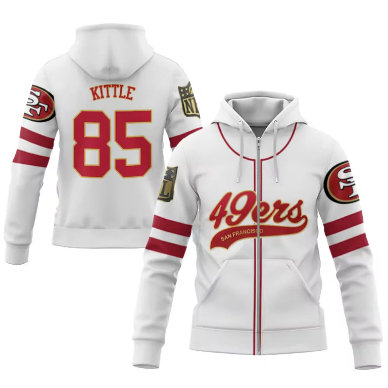 George Kittle 85 Jersey White San Francisco 49ers Men Full Zip Hoodie Red Cool Base