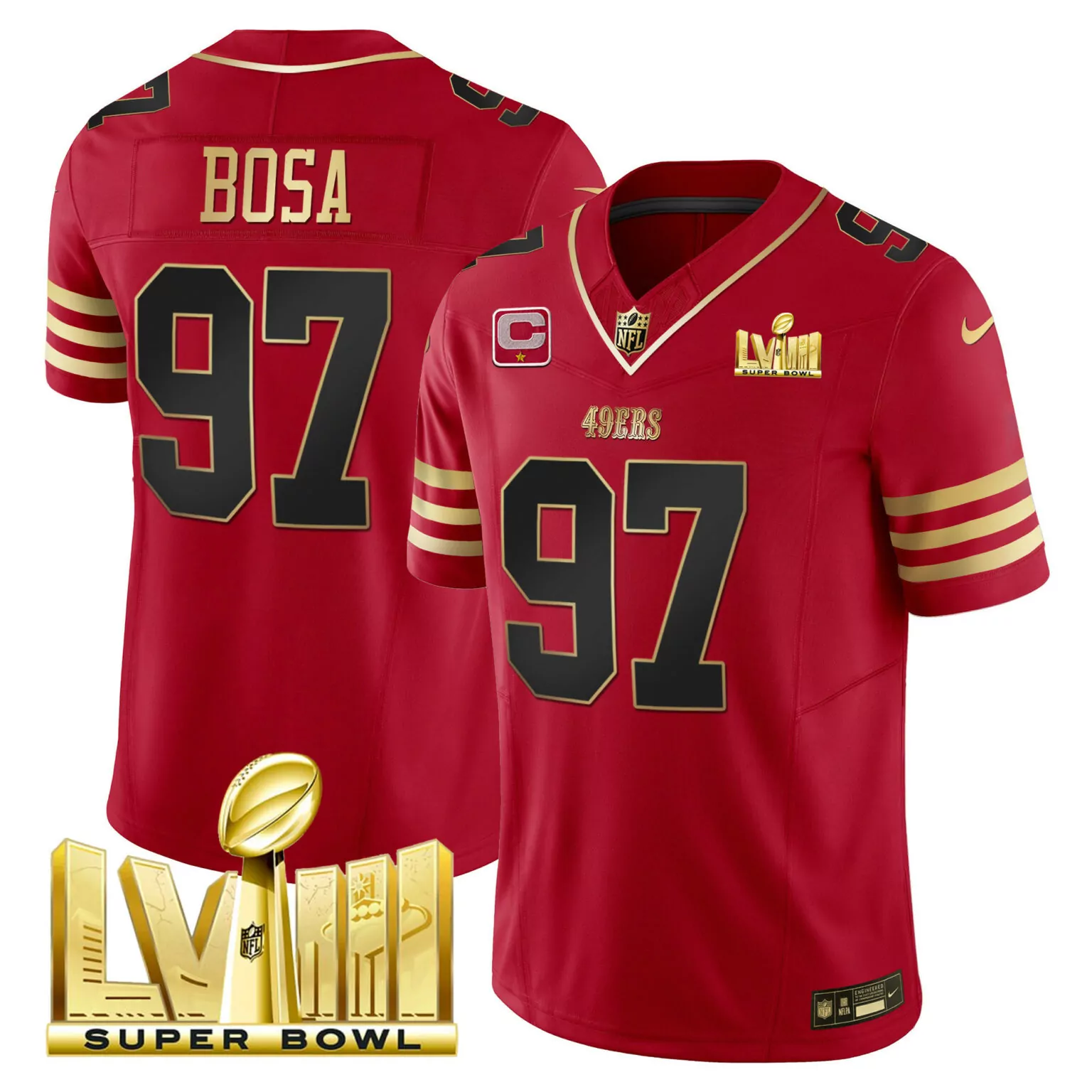 Nick Bosa 97 49ERS Jersey Red Super Bowl Lviii Men Standard Gold Black All Stitched