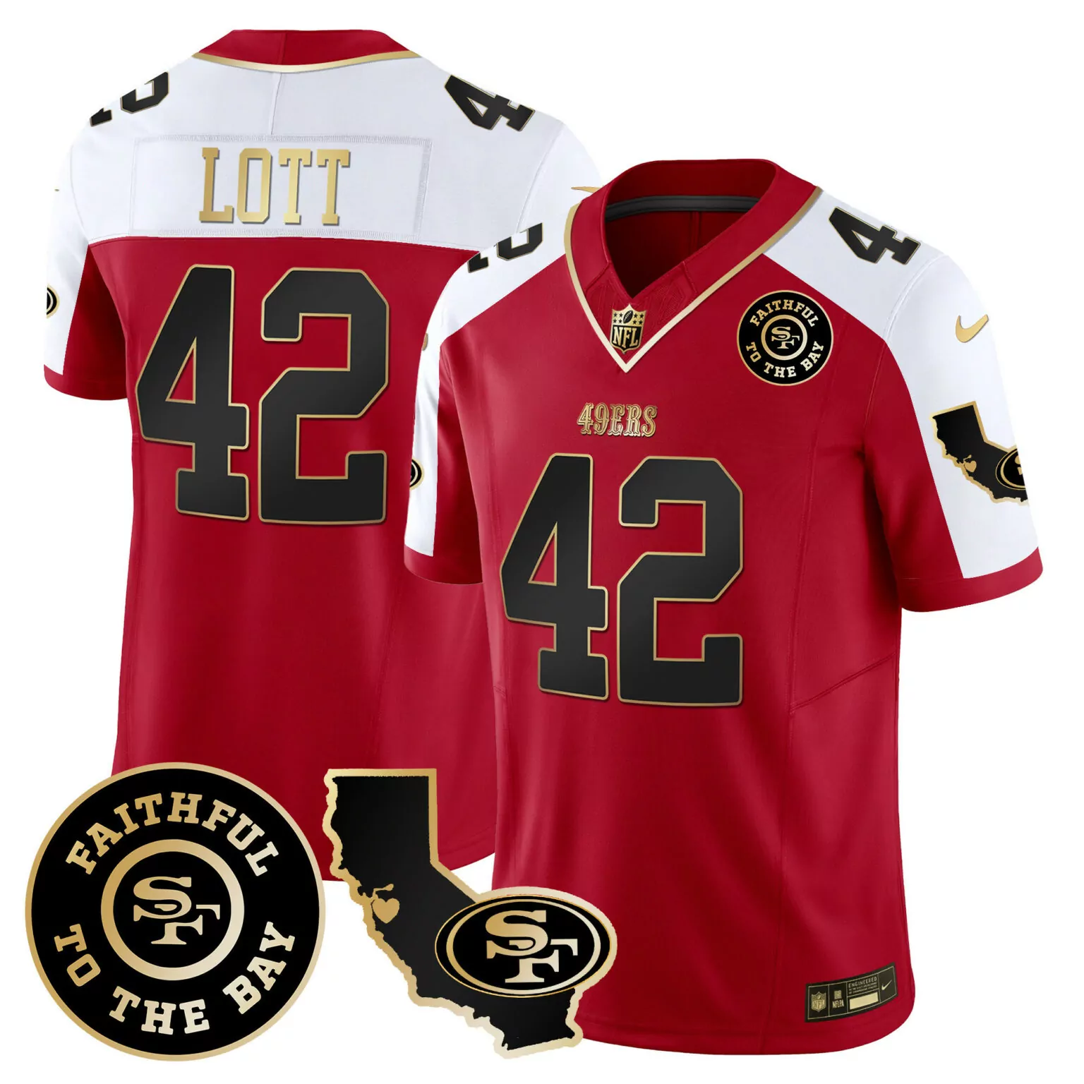 Ronnie Lott 42 49ERS Jersey Red Faithful To The Bay California Men Alternate Split Design