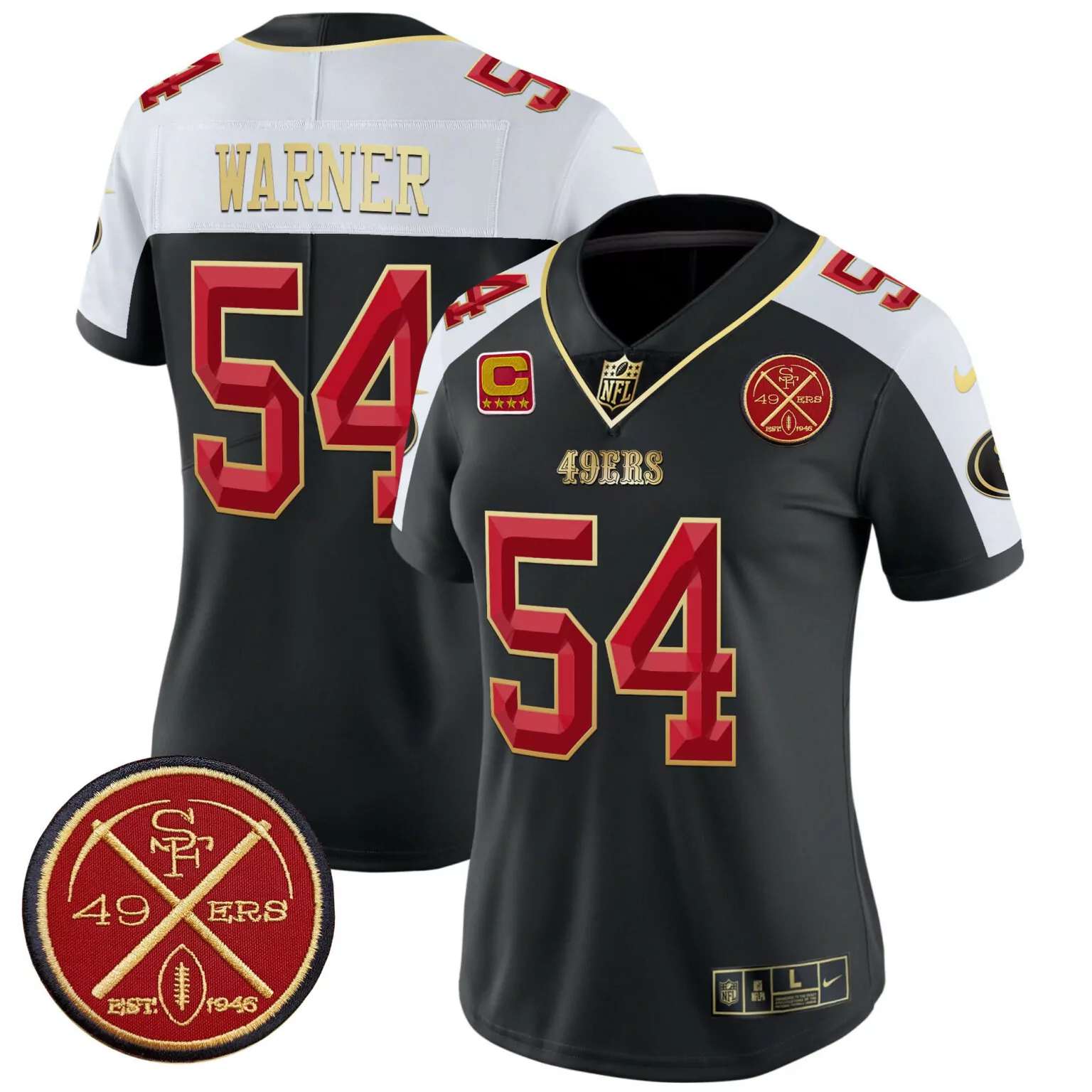 Fred Warner 54 49ERS Jersey Black 1946 SF Captain Men Standard Alternate Split Design