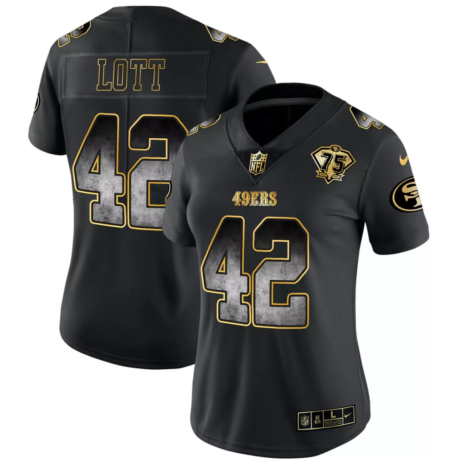Ronnie Lott 42 49ERS Jersey Black 75th Anniversary NFL Gold Gray All Stitched