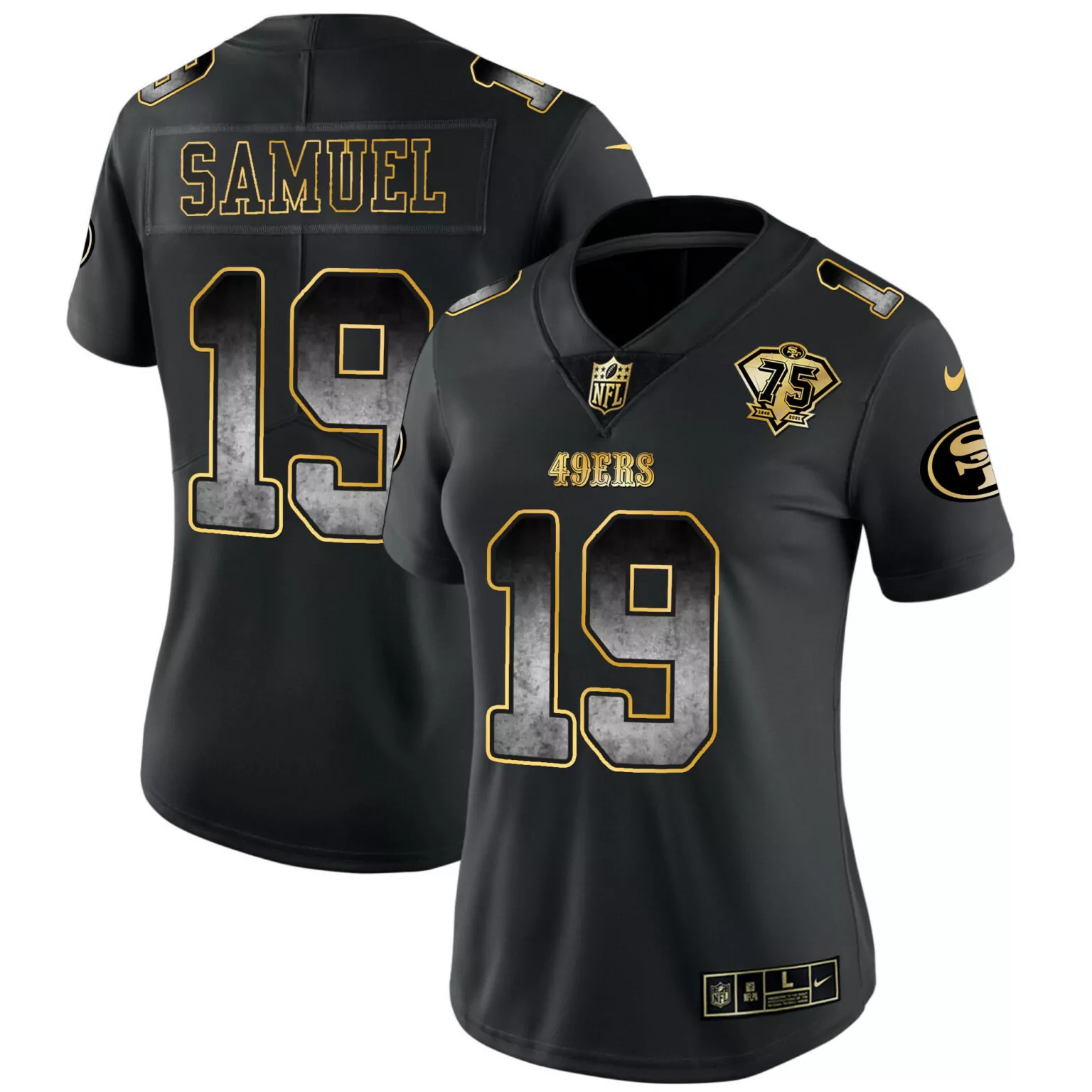 Deebo Samuel 19 49ERS Jersey Black 75th Anniversary Women Replica Gold All Stitched
