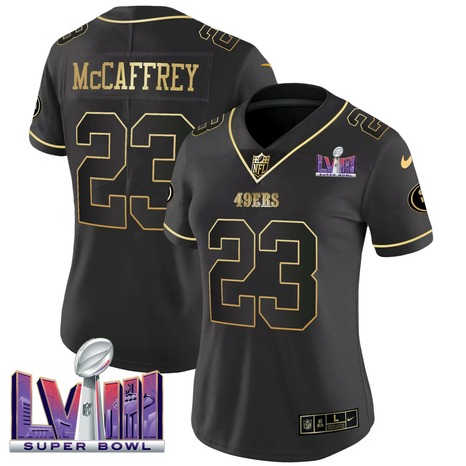 Christian Mccaffrey 23 49ERS Jersey Black Super Bowl Lviii Men Player Gold v2 All