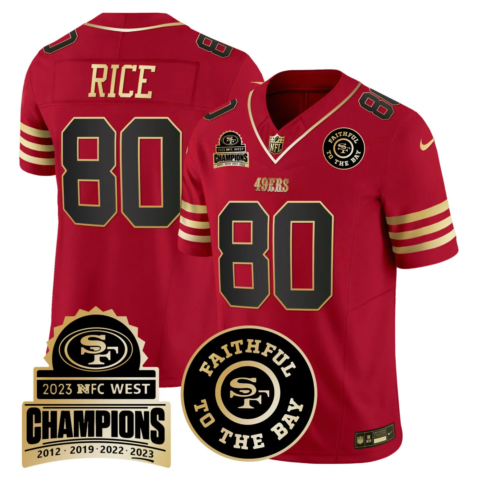 Jerry Rice 80 49ERS Jersey Red 2023 NFC West Champions Faithful To Bay Men Replica