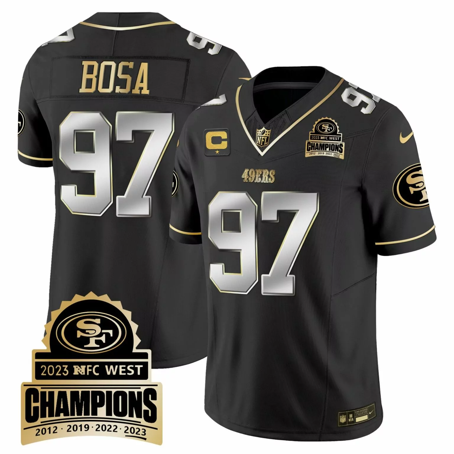 Nick Bosa 97 49ERS Jersey Black 2023 NFC West Champions Men NFL Gold Silver v4 All