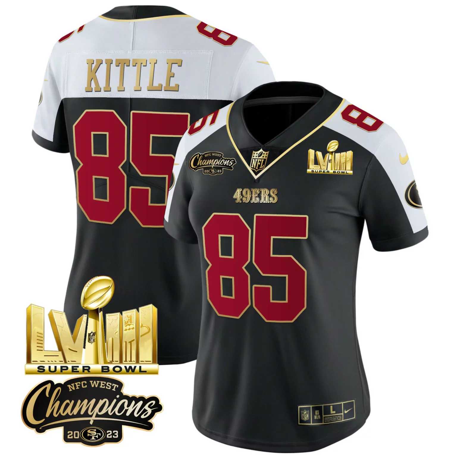 George Kittle 85 49ERS Jersey Black Super Bowl Lviii Champions NFC West 2023 Men