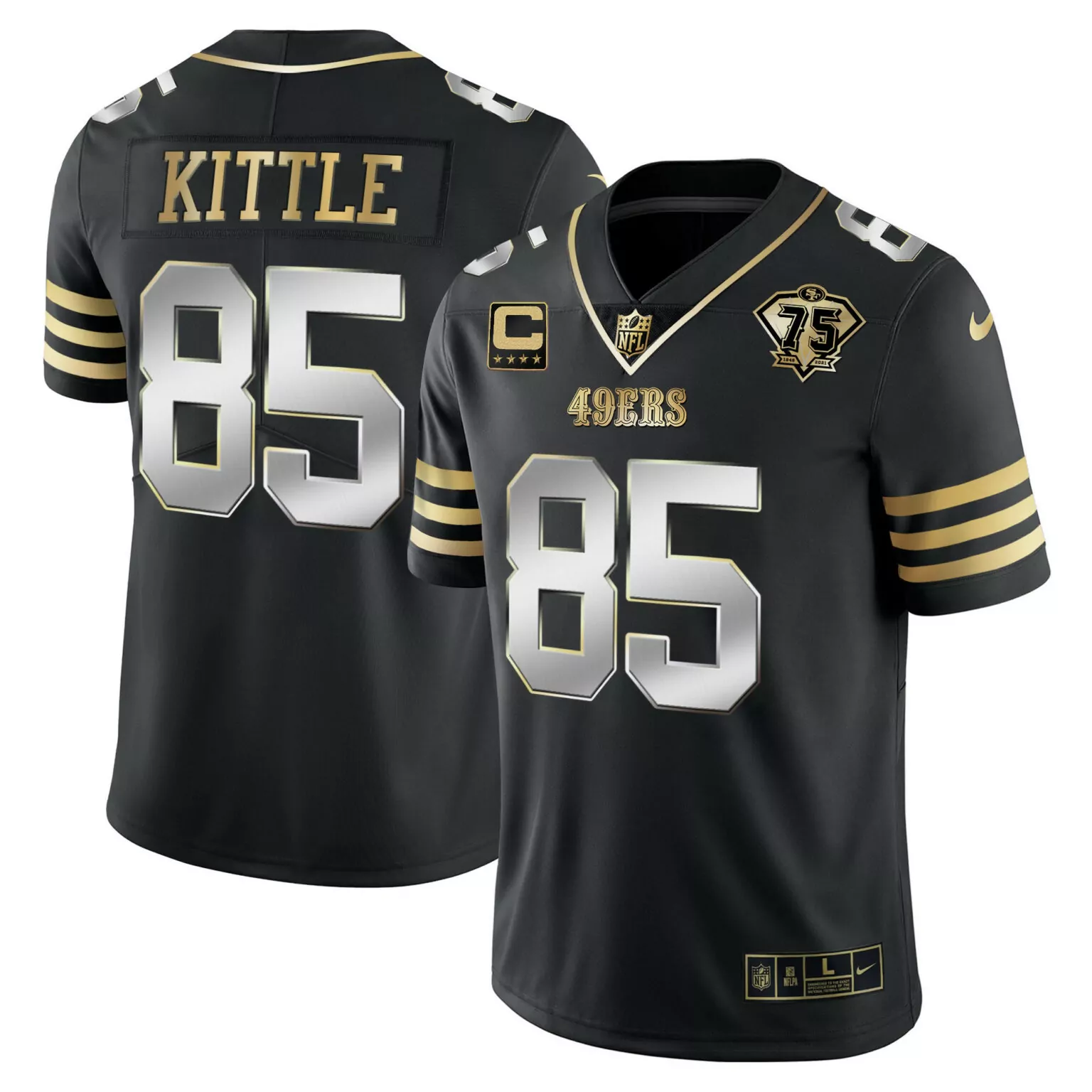 George Kittle 85 49ERS Jersey Black 75th Anniversary Men Player Gold Silver Vapor