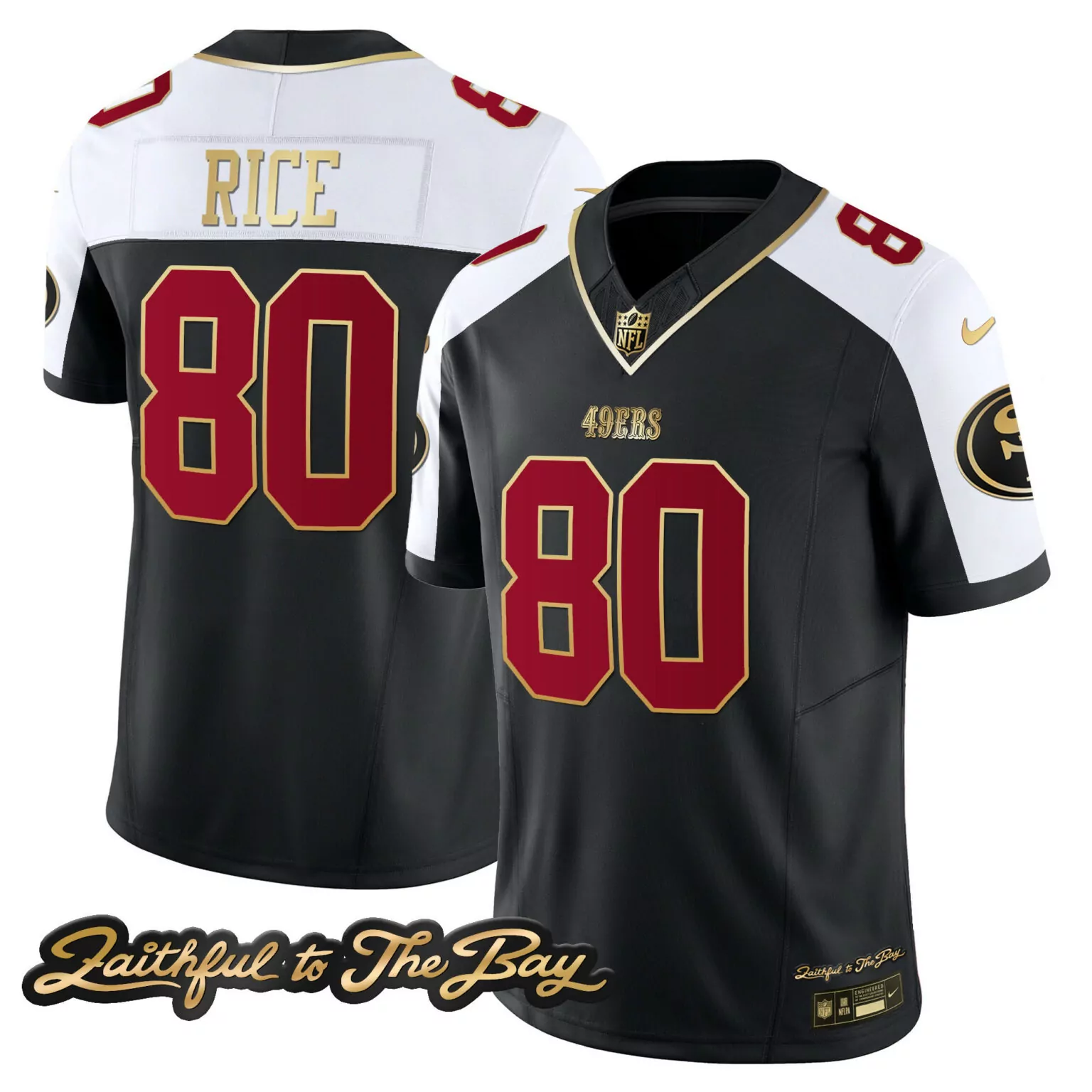 Jerry Rice 80 49ERS Jersey Black Faithful To The Bay Men Alternate White Gold v3