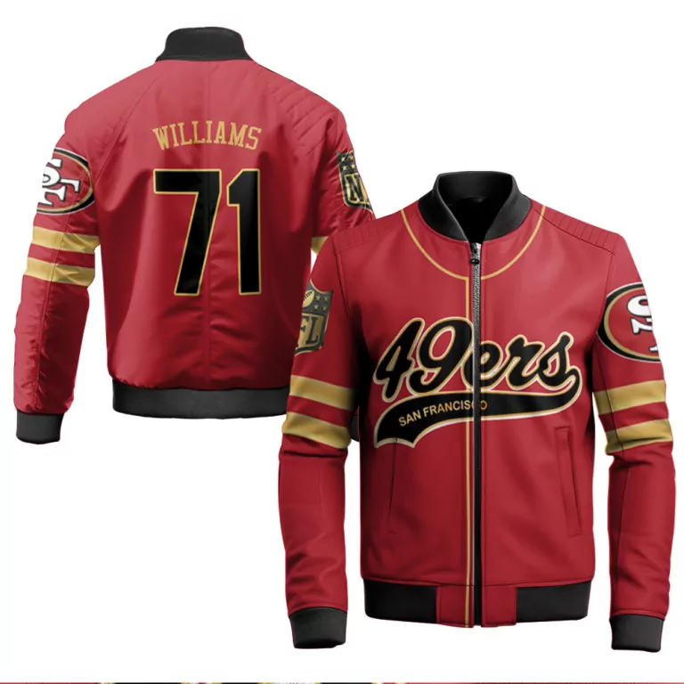 Williams 71 49ers Jersey Red Men Bomber Jacket Gold Black Cool Base Limited