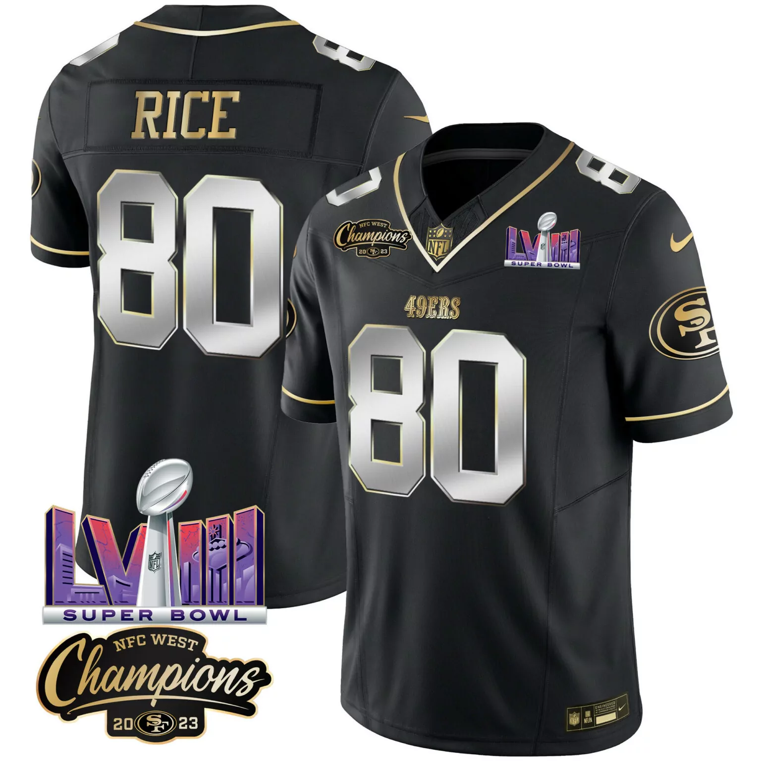 Jerry Rice 80 49ERS Jersey Black Super Bowl Lviii NFC West Champions 2023 Men Gold