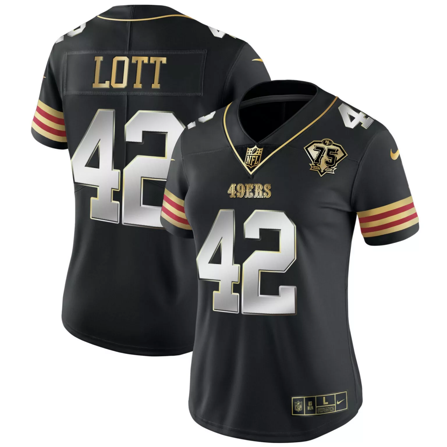 Ronnie Lott 42 49ERS Jersey Black 75th Anniversary Men Official Gold Red Vapor v2