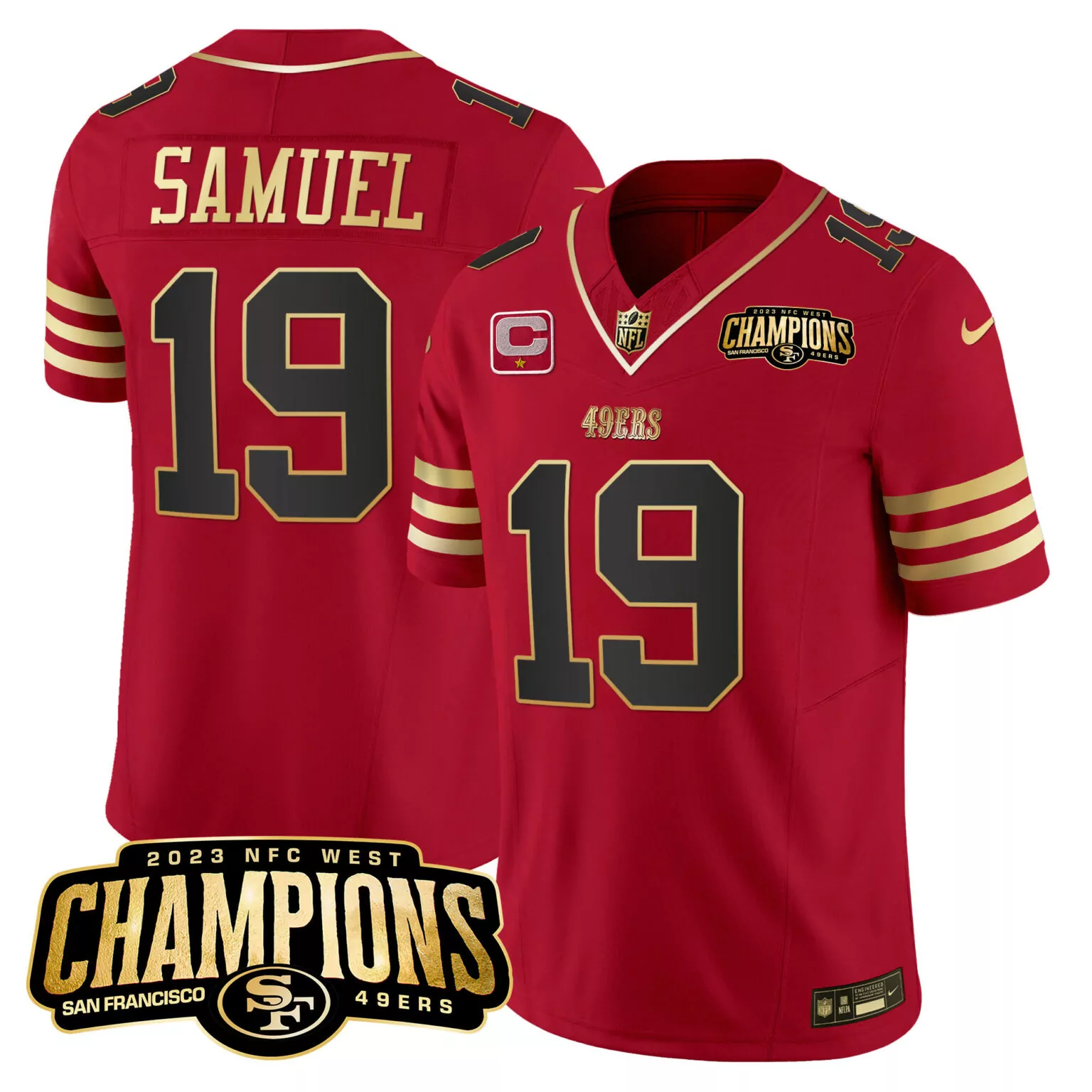 Deebo Samuel 19 Jersey Red 2023 NFC West Champions San Francisco 49ers Men Gold Black