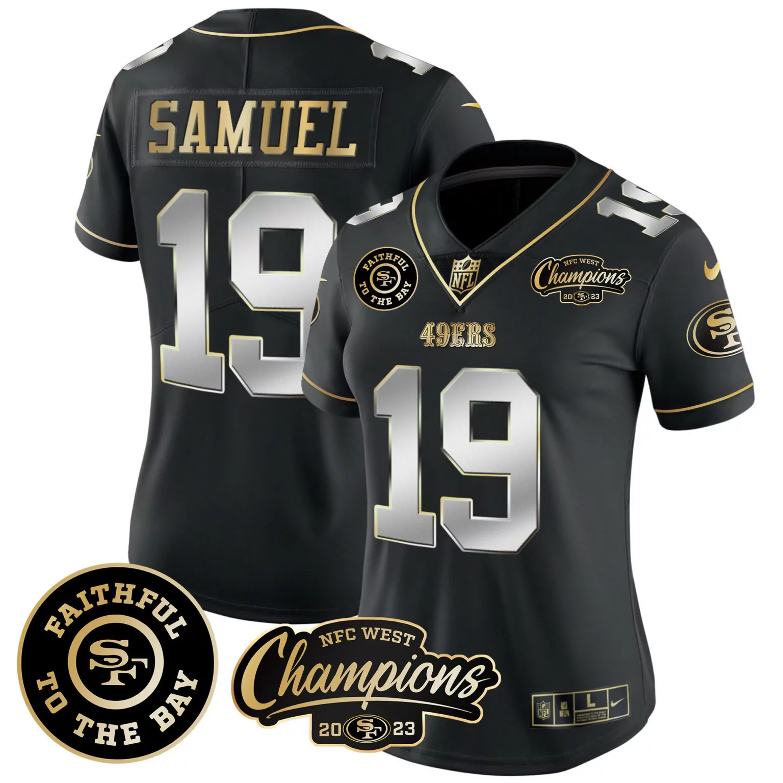 Deebo Samuel 19 49ers Jersey Black NFC West Champions 2023 Faithful To Bay Women