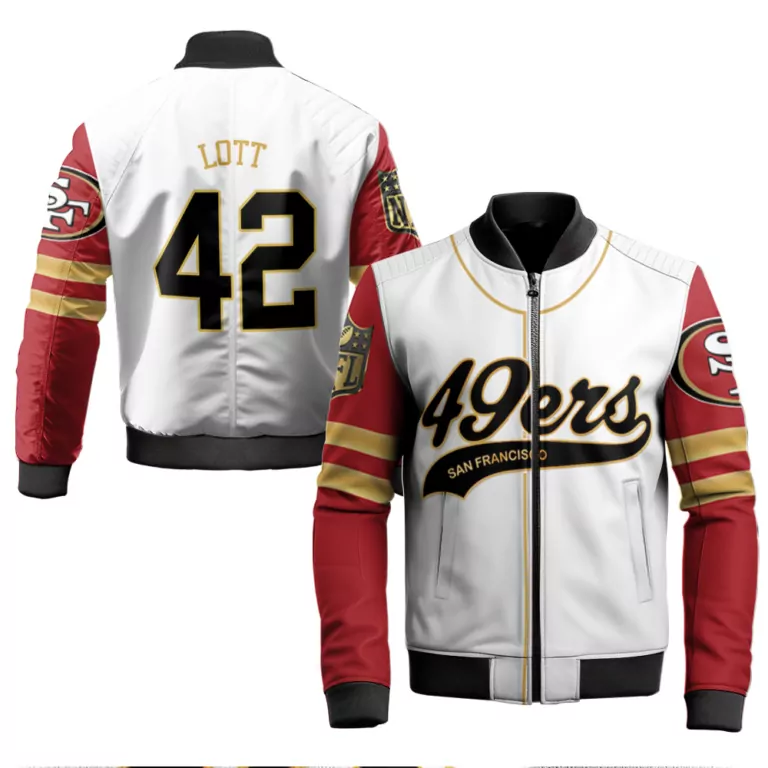 Ronnie Lott 42 Jersey White San Francisco 49ers Men Bomber Jacket Red Gold Cool Base