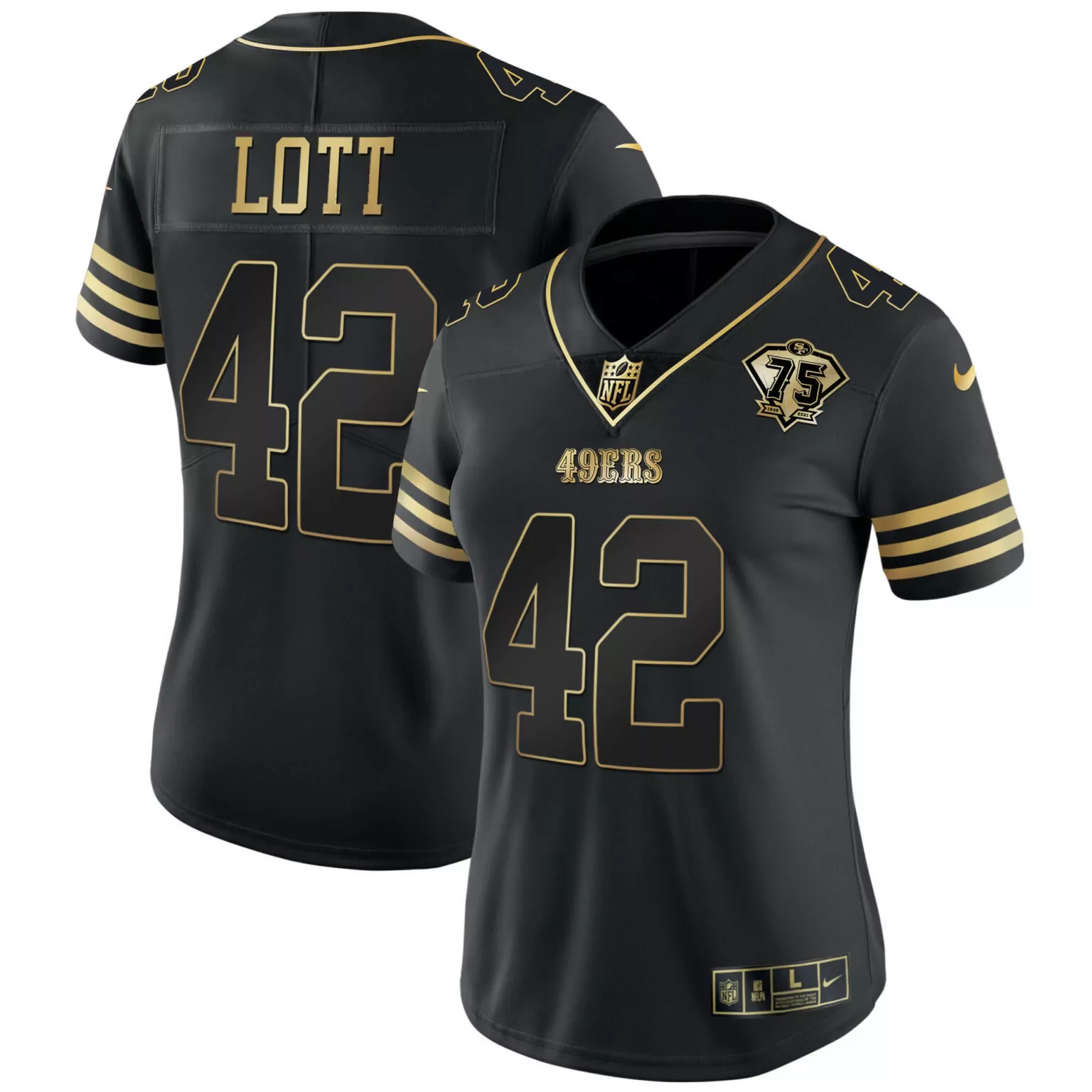 Ronnie Lott 42 49ERS Jersey Black 75th Anniversary Men Gold Vapor All Stitched