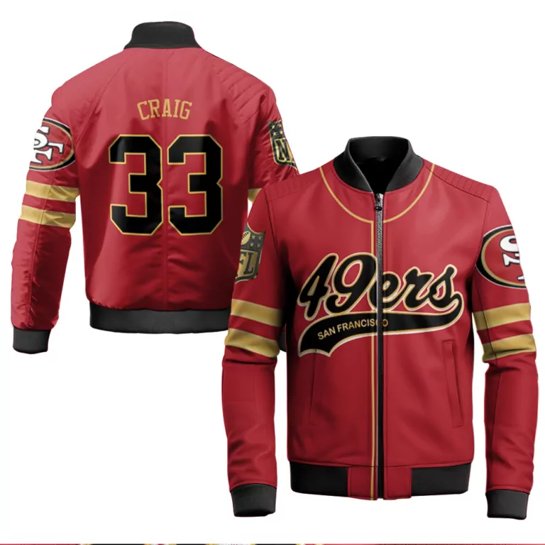Craig 33 San Francisco 49ers Jersey Red Men Bomber Jacket Gold Black Cool Base Limited