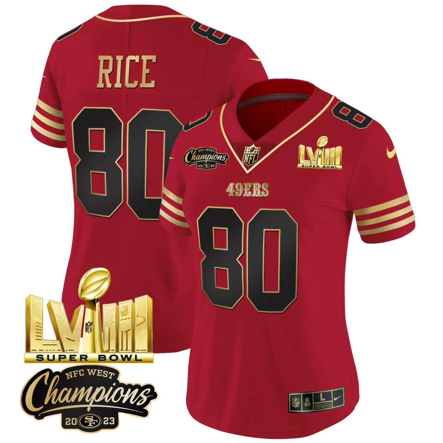Jerry Rice 80 49ERS Jersey Red Super Bowl Lviii Champions NFC West 2023 Men Standard