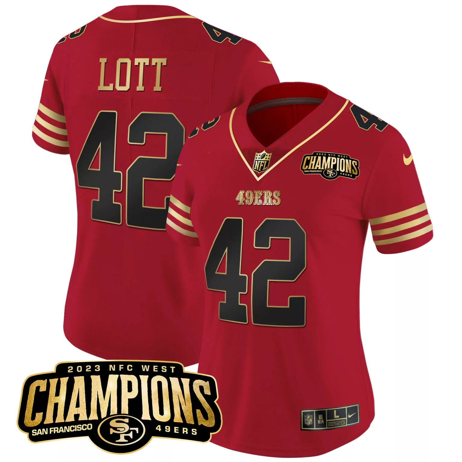Ronnie Lott 42 49ERS Jersey Red 2023 NFC West Champions Men Game Gold Black v2 All