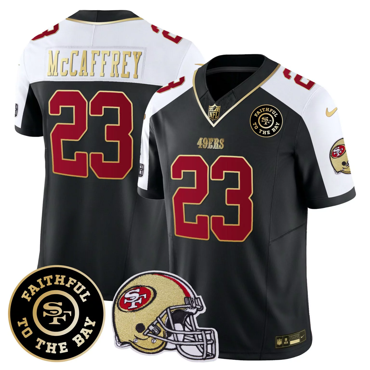 Christian Mccaffrey 23 49ERS Jersey Black Faithful To The Bay Men NFL Alternate Split Design