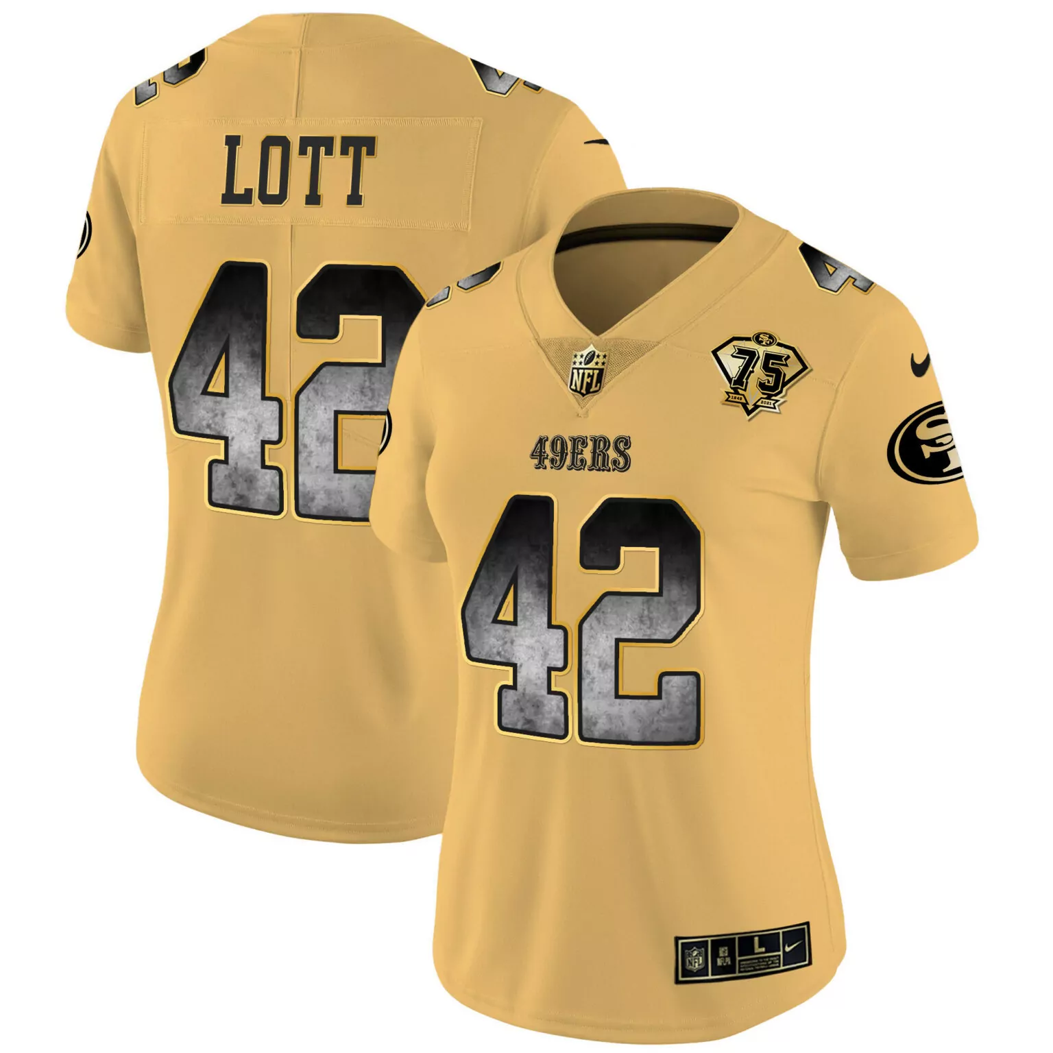 Ronnie Lott 42 49ERS Jersey Gold 75th Anniversary Women Replica Black Grey All Stitched