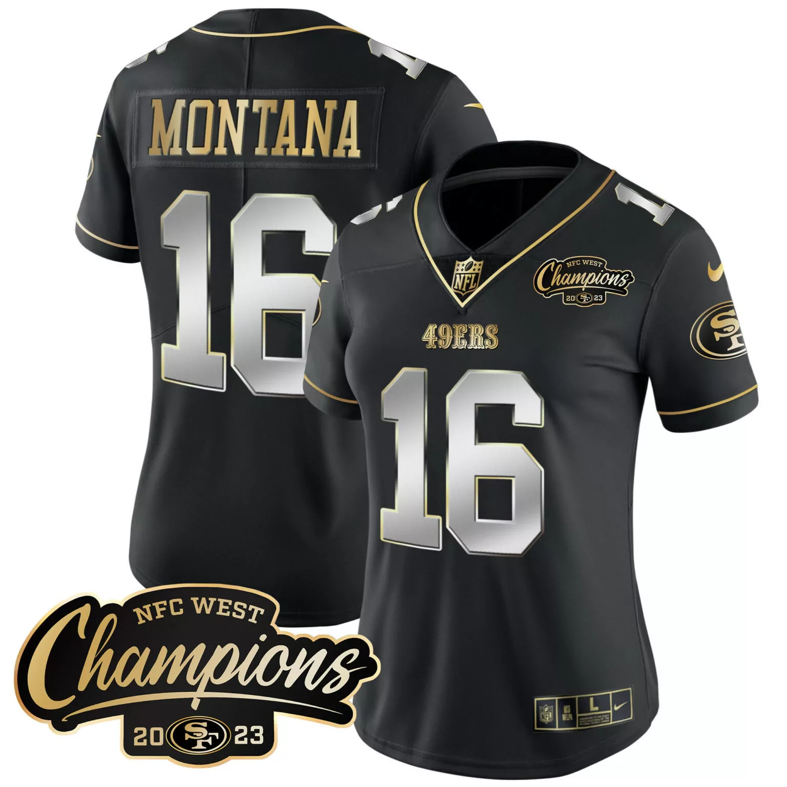 Joe Montana 16 49ERS Jersey Black NFC West Champions 2023 Women Gold Silver All Stitched