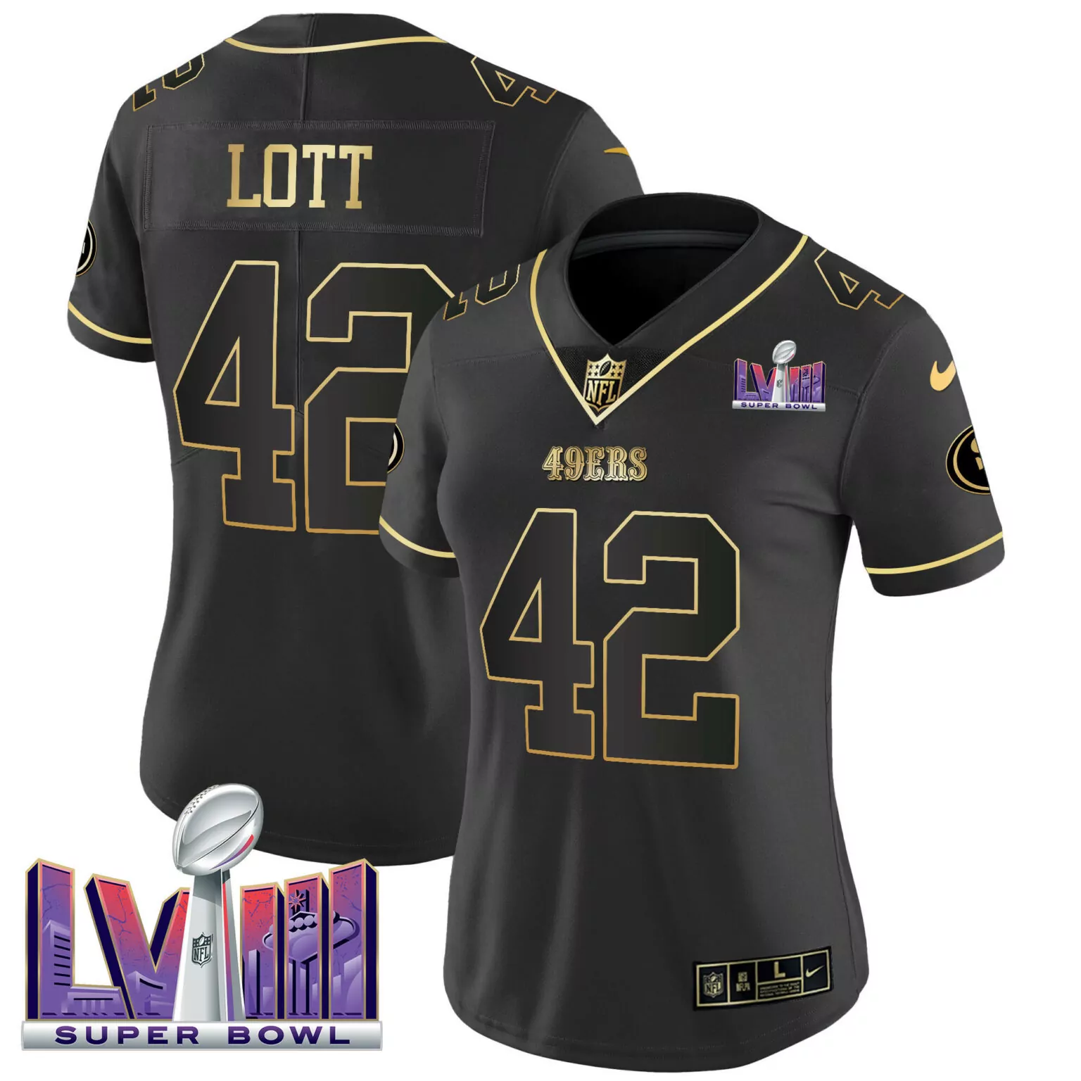 Ronnie Lott 42 49ERS Jersey Black Super Bowl Lvii Men Player Gold v2 All Stitched