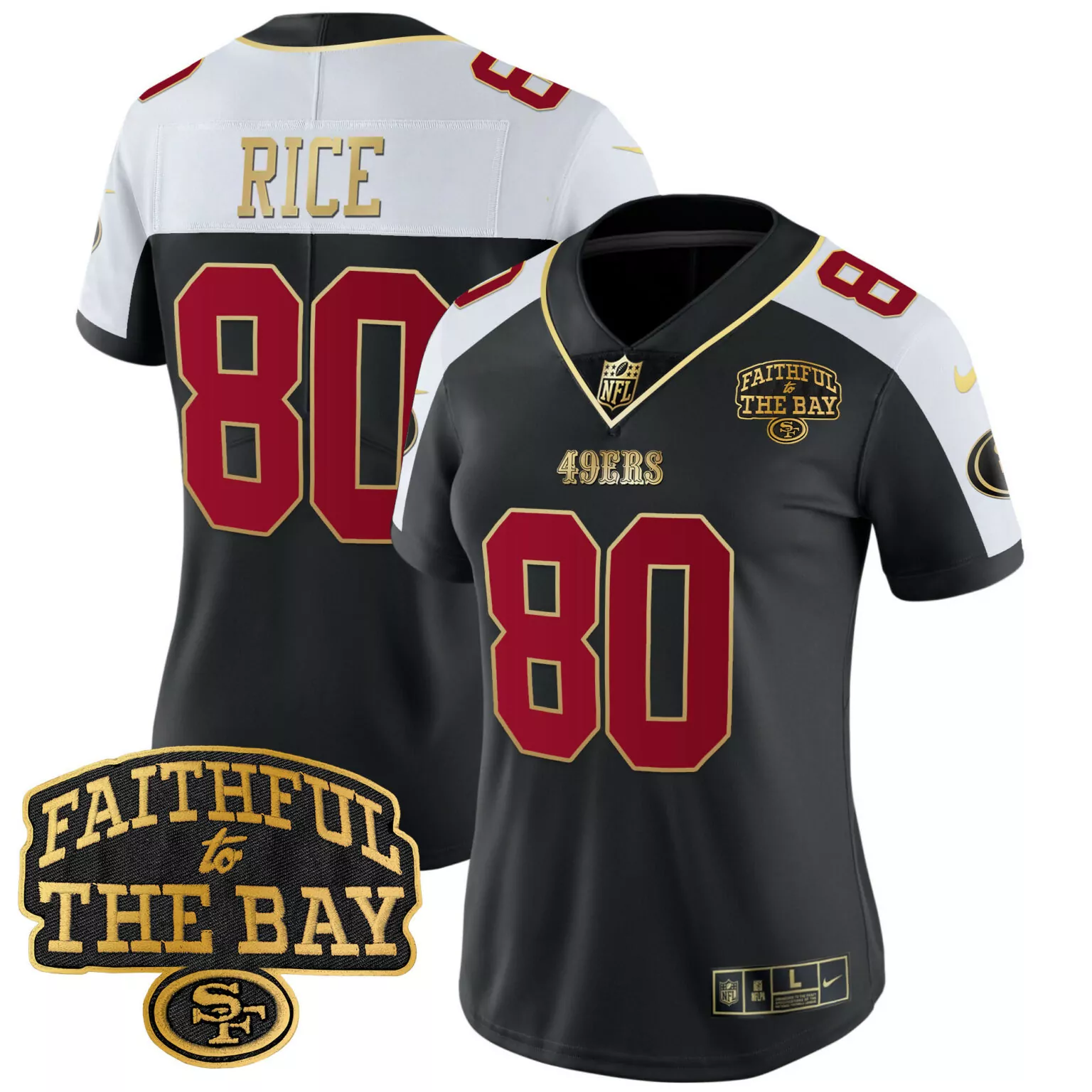 Jerry Rice 80 49ERS Jersey Black Faithful To The Bay Men Alternate White Gold All