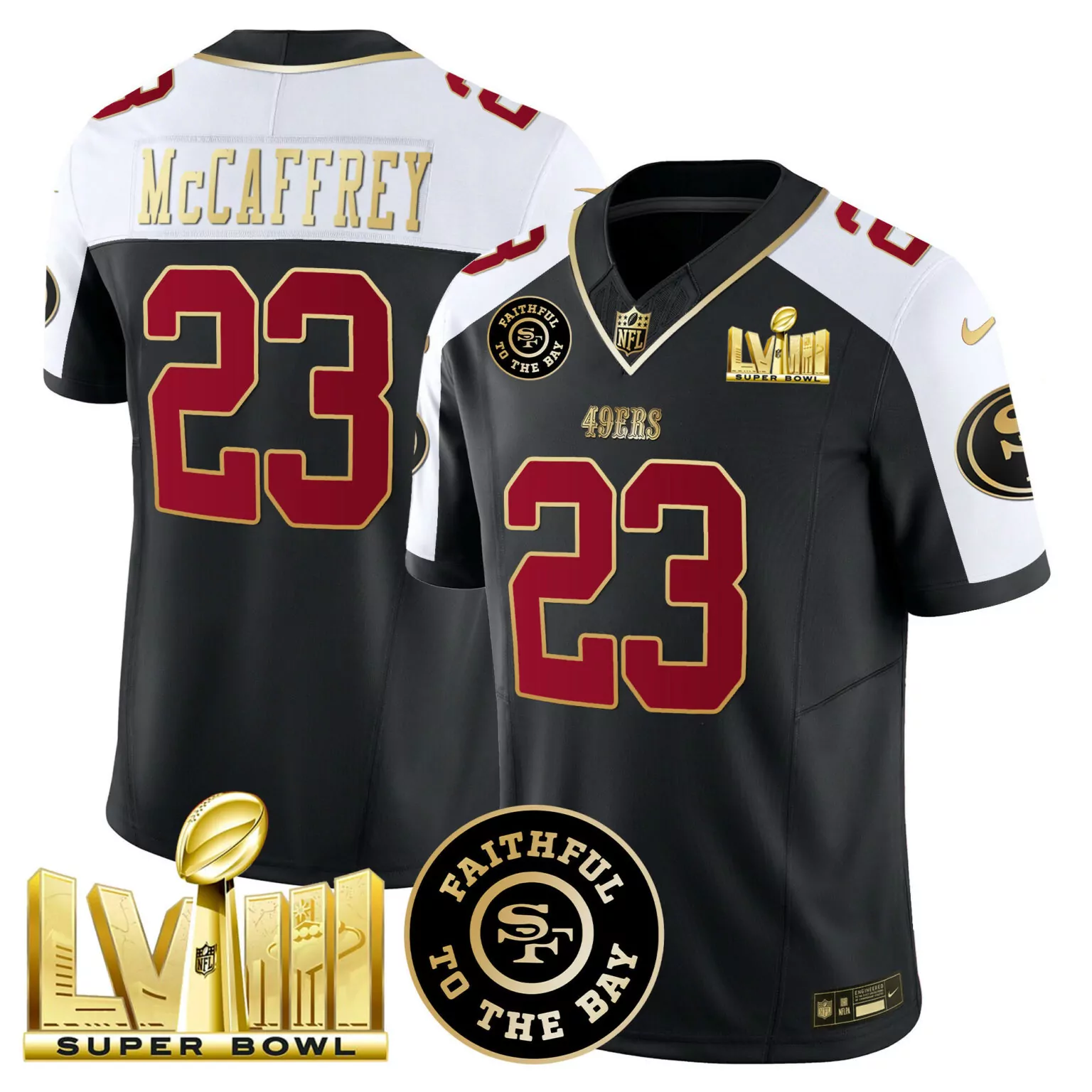 Christian Mccaffrey 23 49ERS Jersey Black Super Bowl Lvii Men Game Alternate Split Design