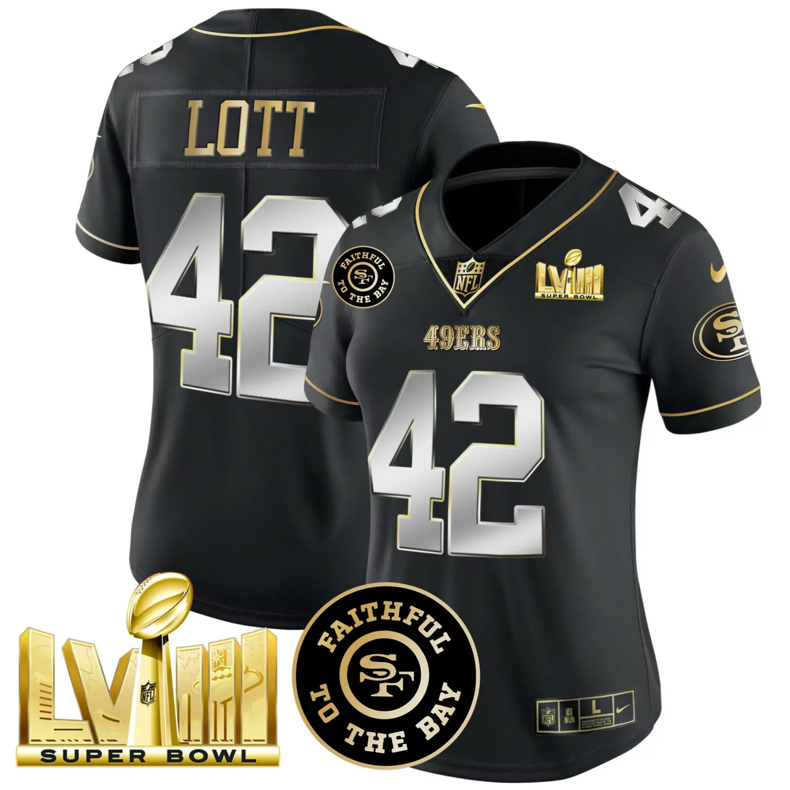 Ronnie Lott 42 49ERS Jersey Black Super Bowl Lviii Faithful To Bay 2021 Men Authentic