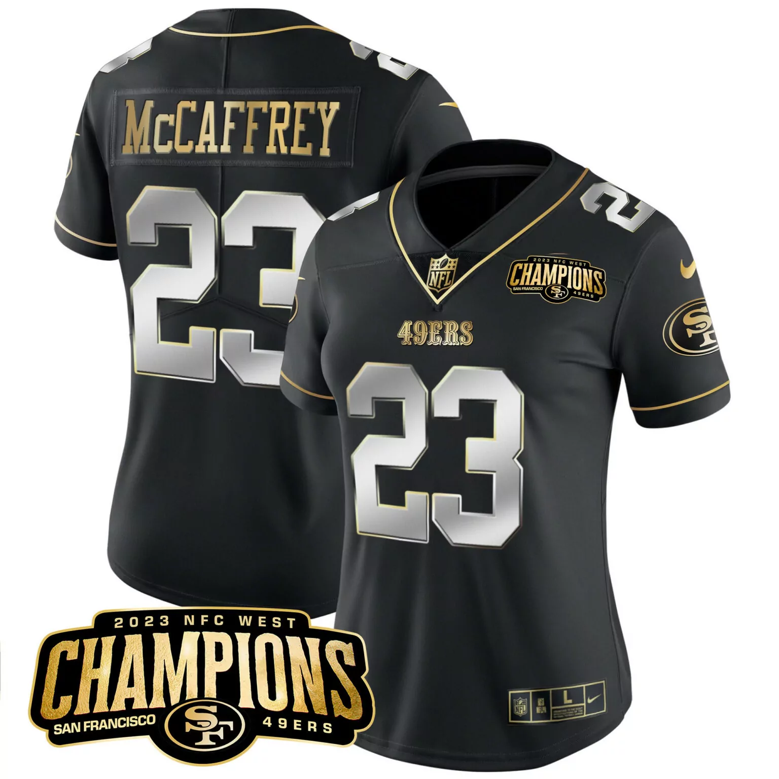Christian Mccaffrey 23 49ERS Jersey Black 2023 NFC West Champions Men Player Gold