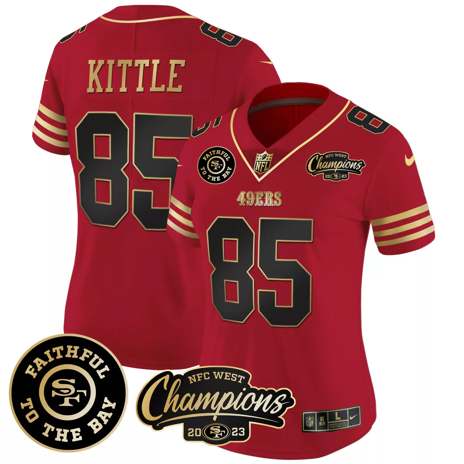 George Kittle 85 49ERS Jersey Red NFC West Champions 2023 Faithful To Bay Men Authentic