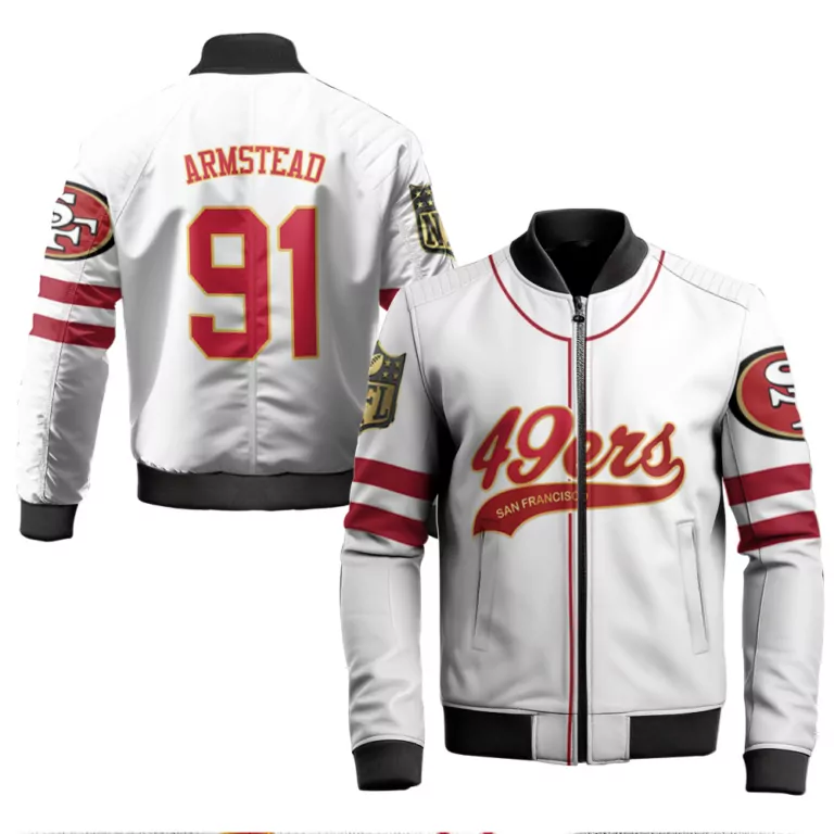 Armstead 91 San Francisco 49ers Jersey White Men Bomber Jacket Red Gold Cool Base