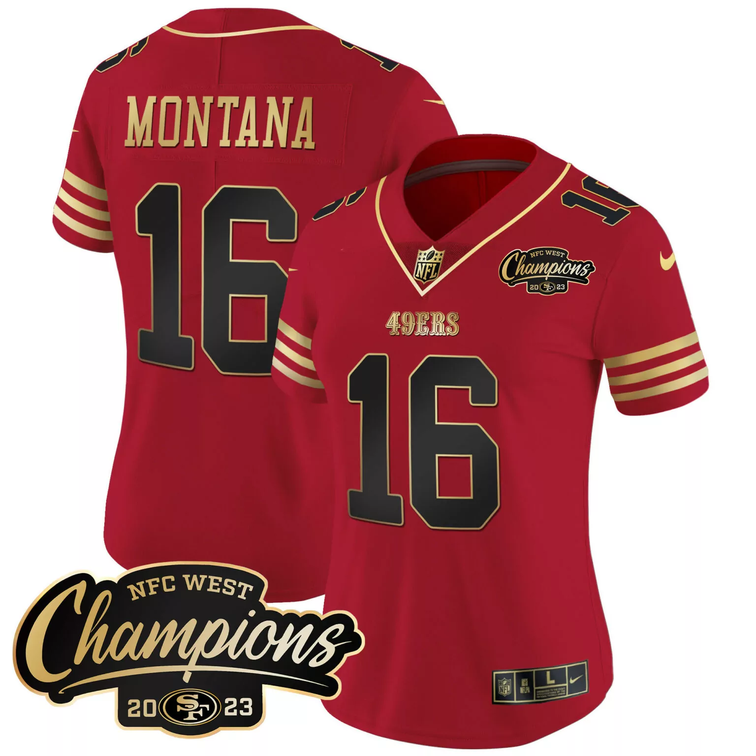 Joe Montana 16 49ERS Jersey Red NFC West Champions 2023 Men Player Gold Black All