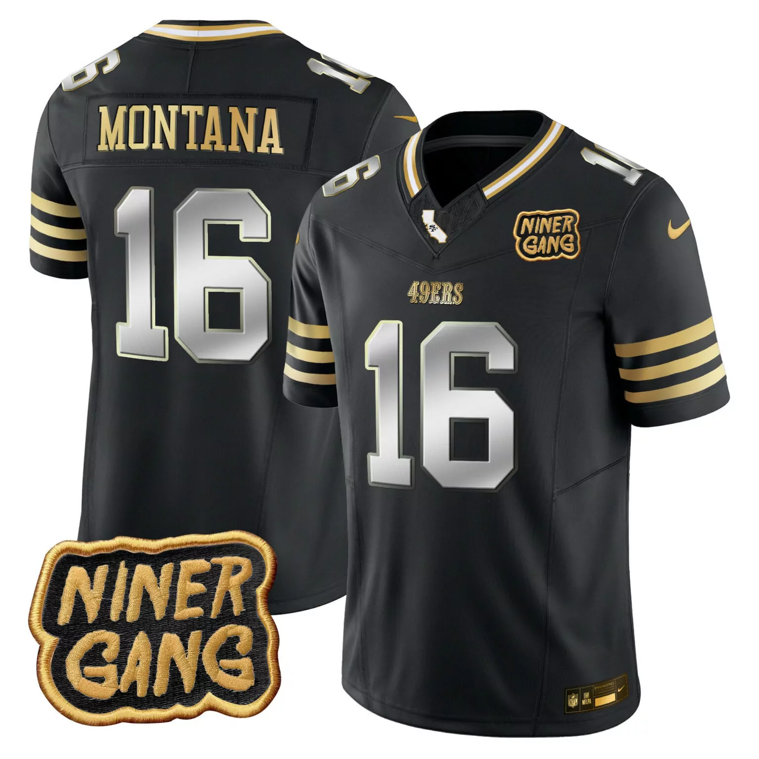 Joe Montana 16 49ERS Jersey Black Niner Gang Men Replica Gold Silver All Stitched