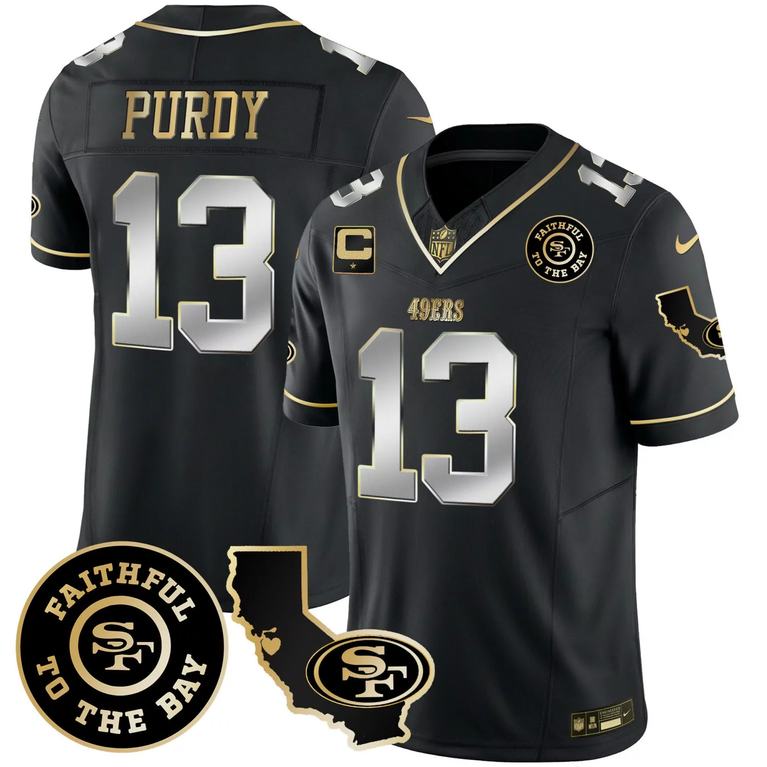 Brock Purdy 13 49ERS Jersey Black Faithful To The Bay California Outline 2023 Men