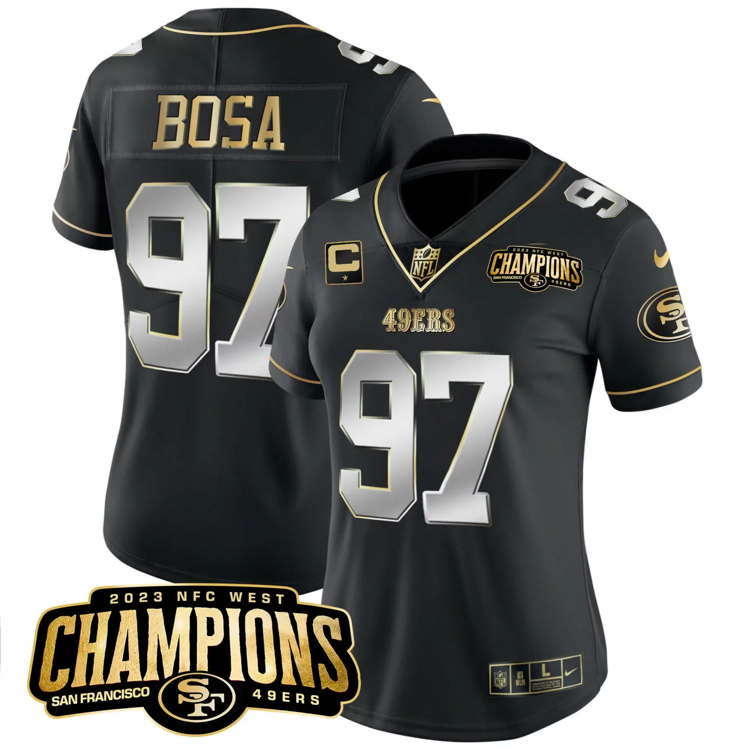 Nick Bosa 97 49ERS Jersey Black 2023 NFC West Champions Men Authentic Gold Silver