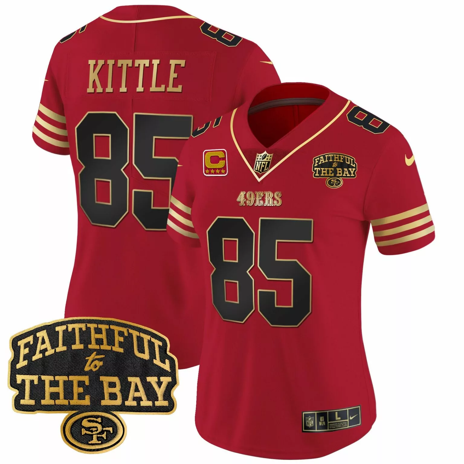 George Kittle 85 49ERS Jersey Red Faithful To Bay Men Gold Black All Stitched