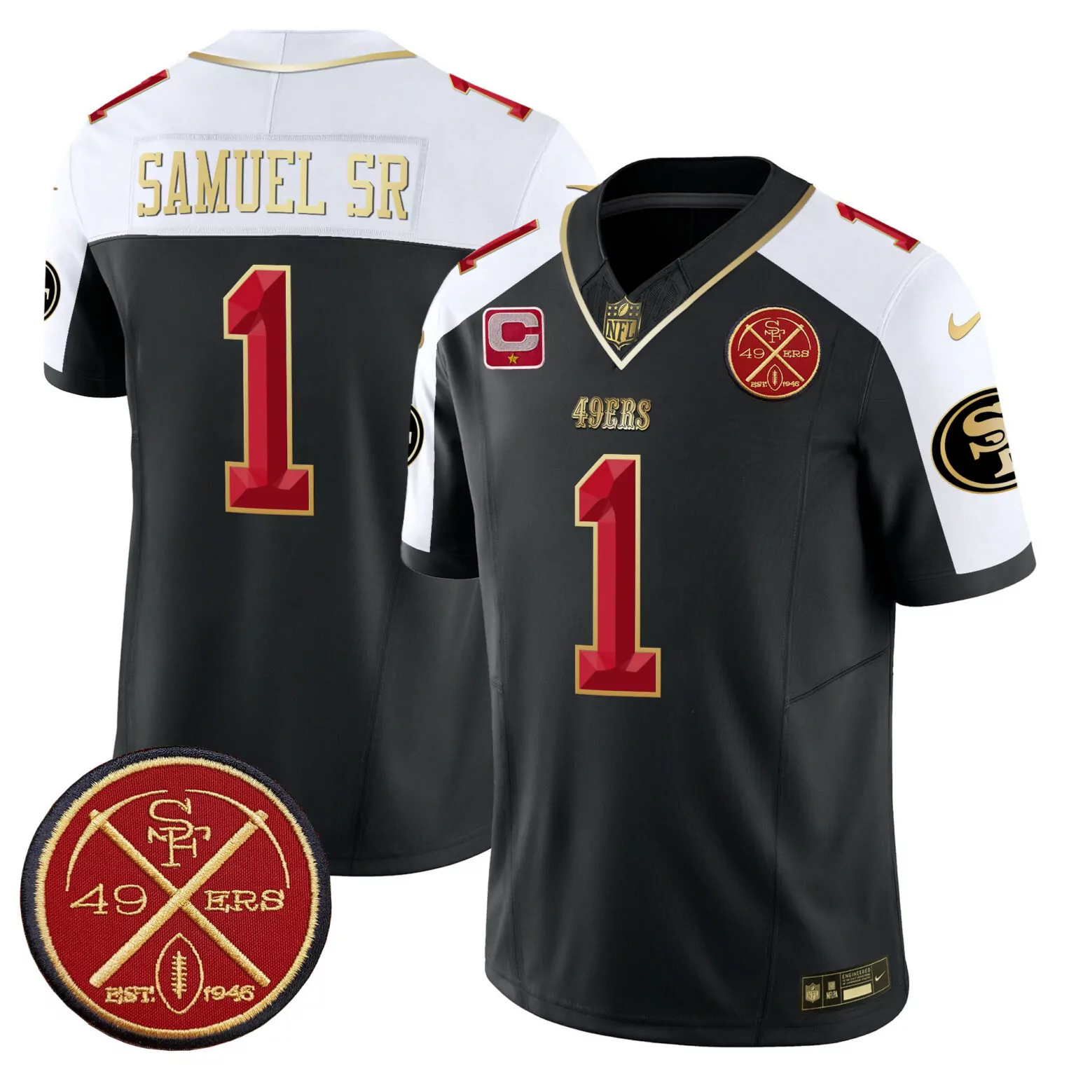 Deebo Samuel 1 49ERS Jersey Black NFL 100 1946 Men Split Design White Red Gold Alternate