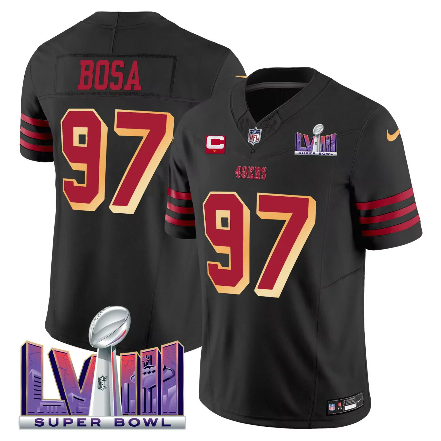 Nick Bosa 97 49ERS Jersey Black Super Bowl Lviii Men Authentic Red Gold v2 All Stitched
