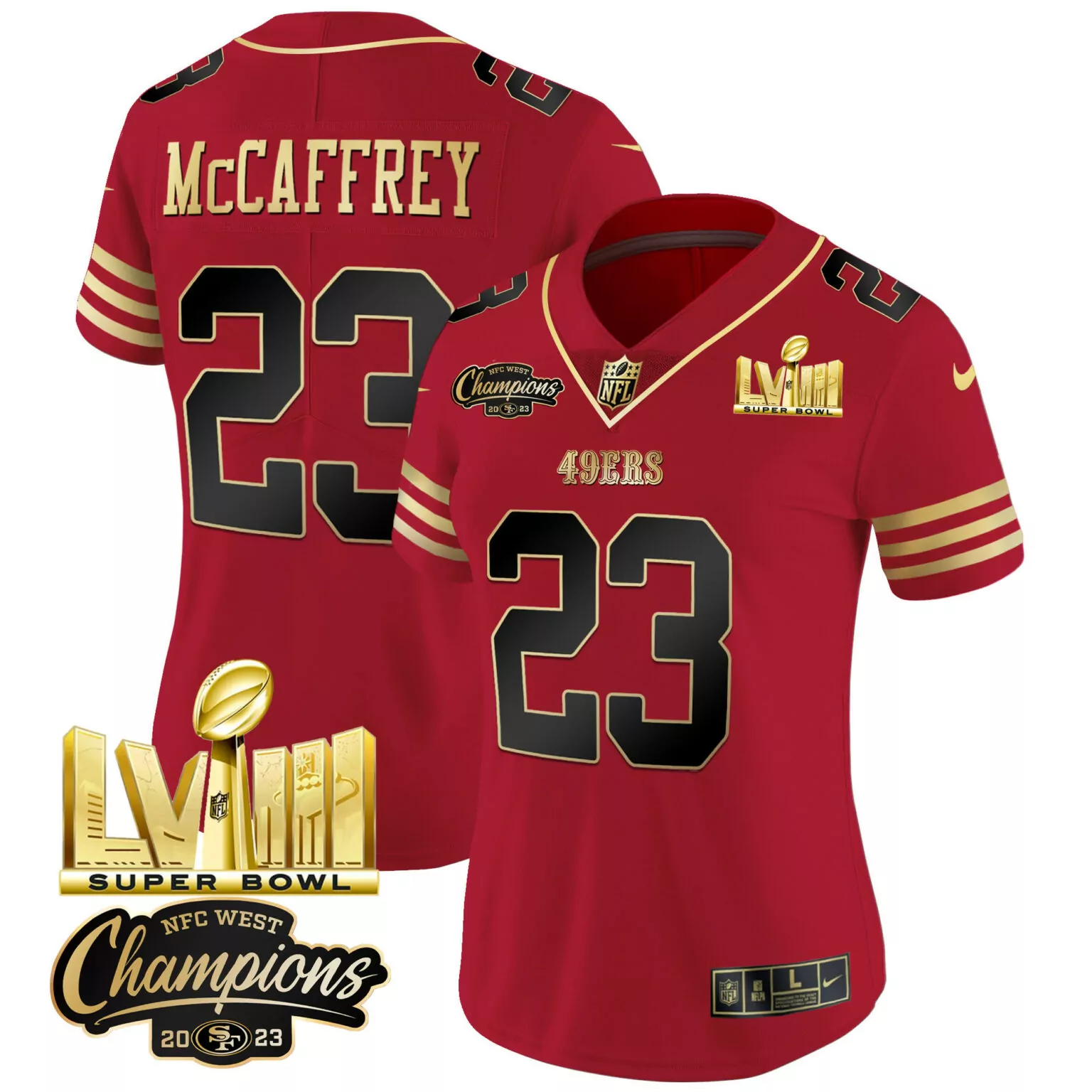 Christian Mccaffrey 23 49ERS Jersey Red Super Bowl Lviii NFC West Champions 2023