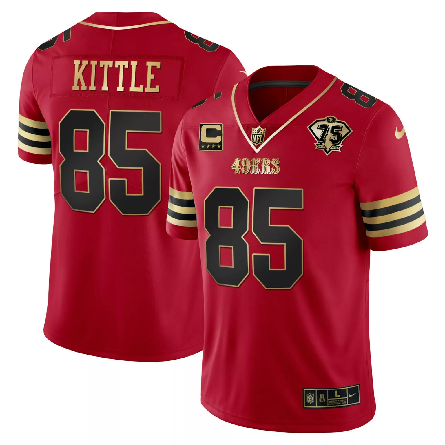 George Kittle 85 49ERS Jersey Red 75th Anniversary Men Gold Black Vapor v2 All Stitched