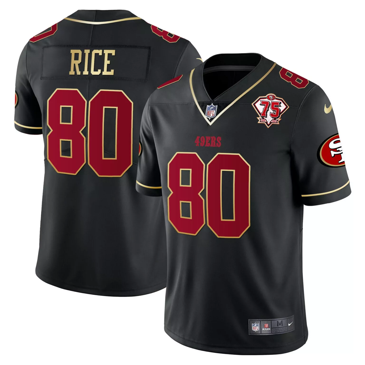Jerry Rice 80 49ERS Jersey Black 75th Anniversary 2021 Men Red Gold Vapor v2 All