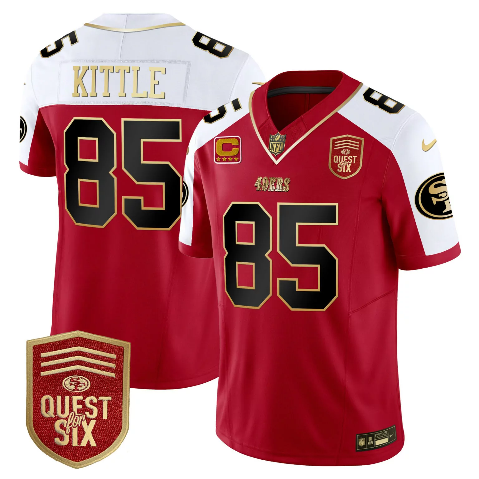 George Kittle 85 49ERS Jersey Red Quest For Six 2023 Men Replica White Black Gold