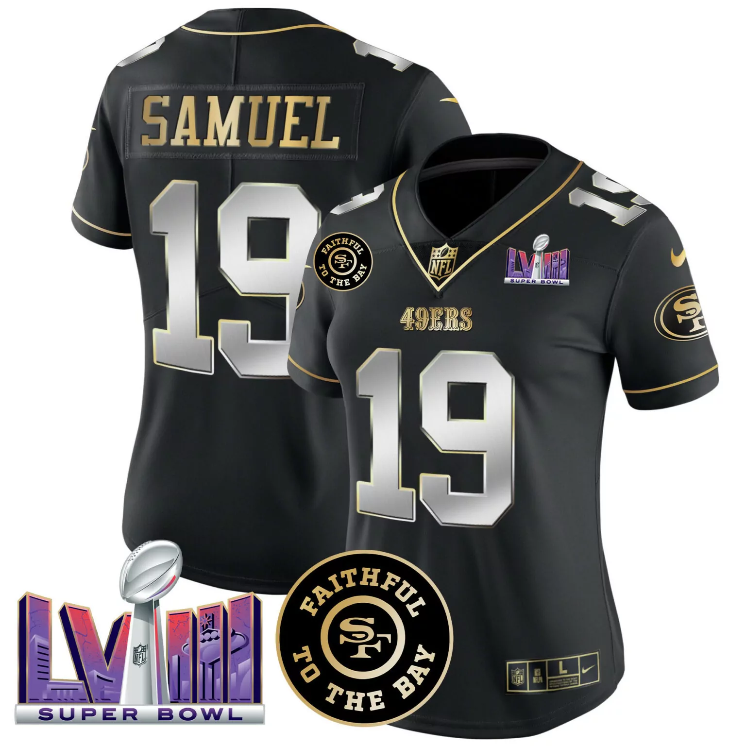 Deebo Samuel 19 49ERS Jersey Black Super Bowl Lviii Faithful To Bay Men Replica Gold