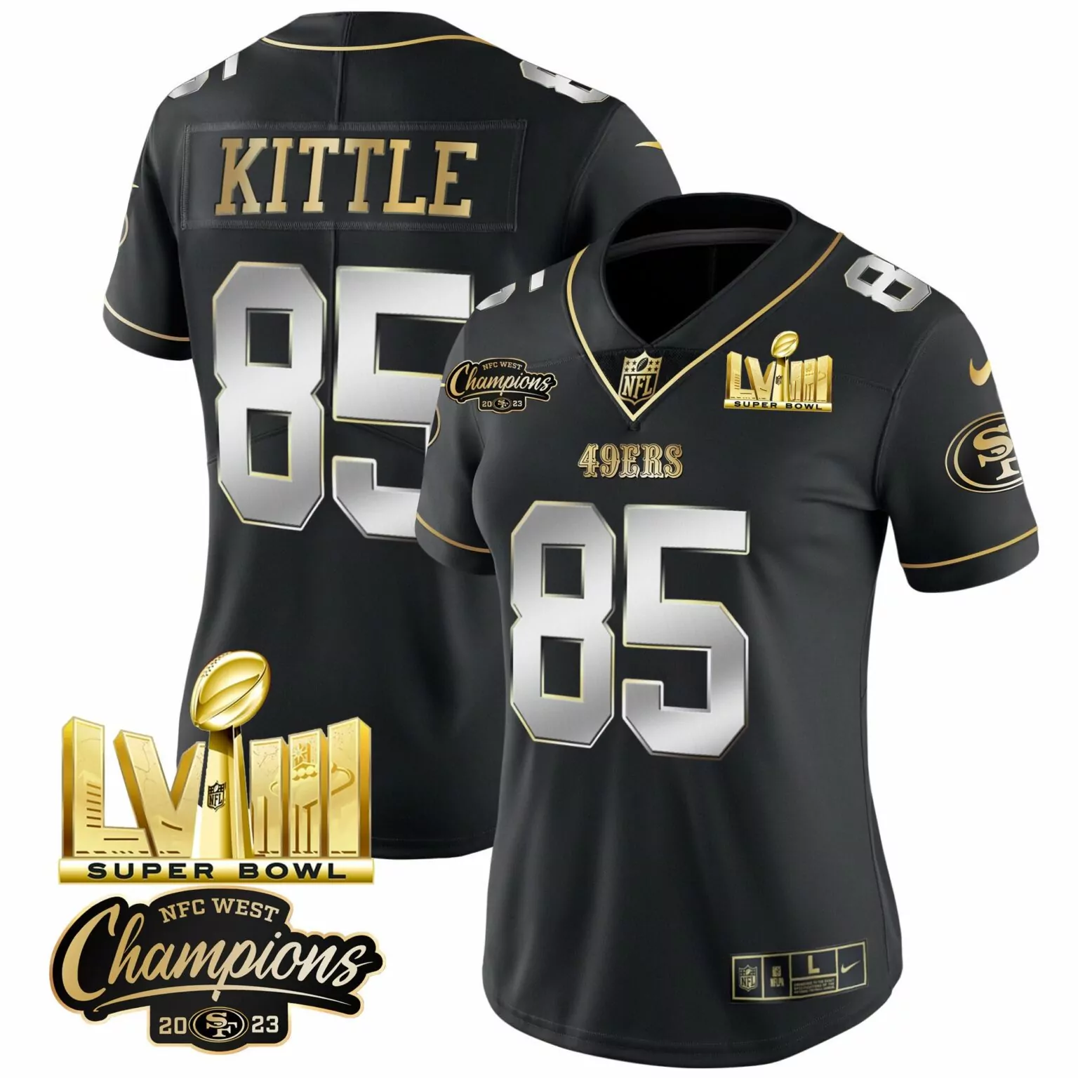 George Kittle 85 49ERS Jersey Black Super Bowl Lviii Champions NFC West 2023 Men