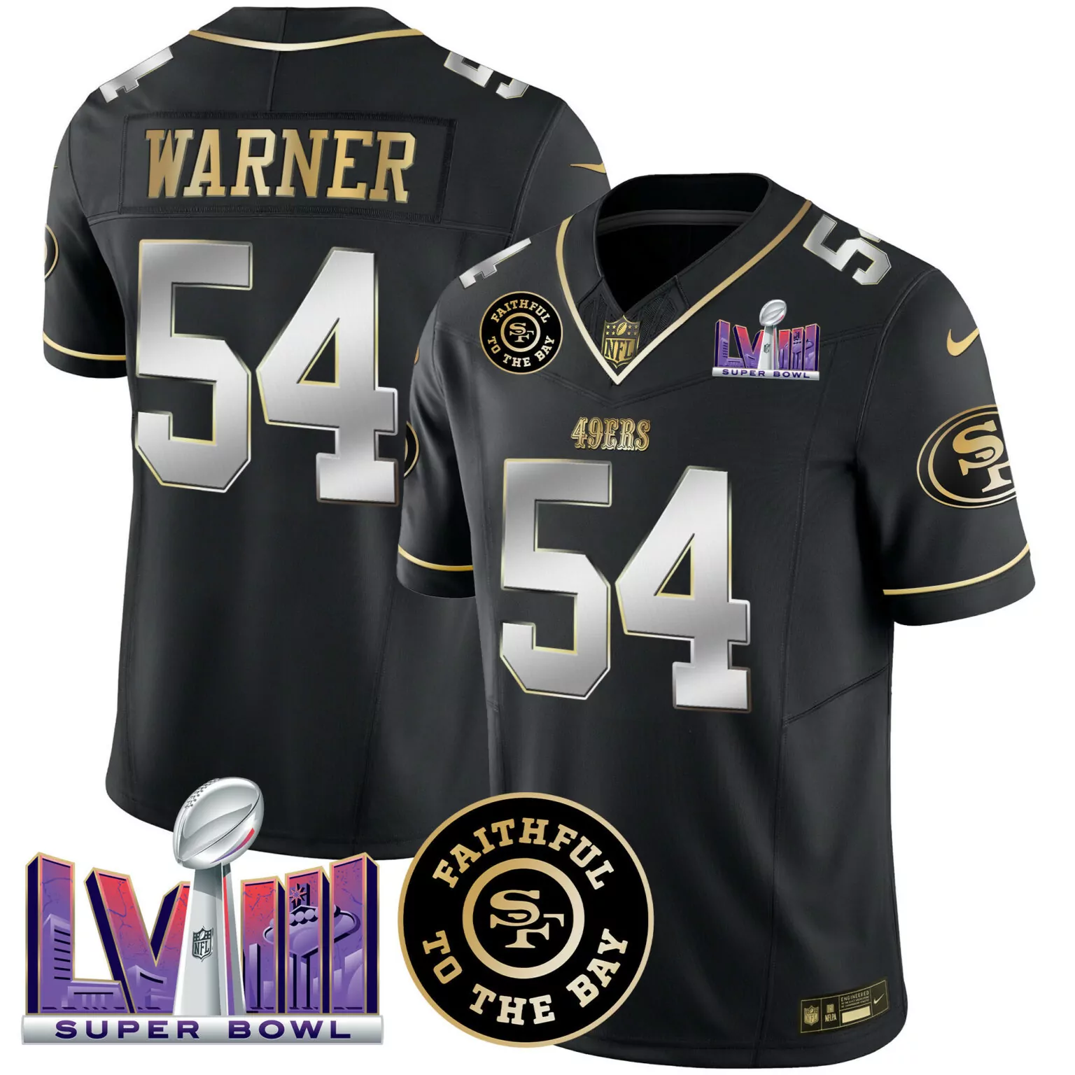 Fred Warner 54 49ERS Jersey Black Super Bowl Lvii Faithful To Bay 2022 Men Game Gold