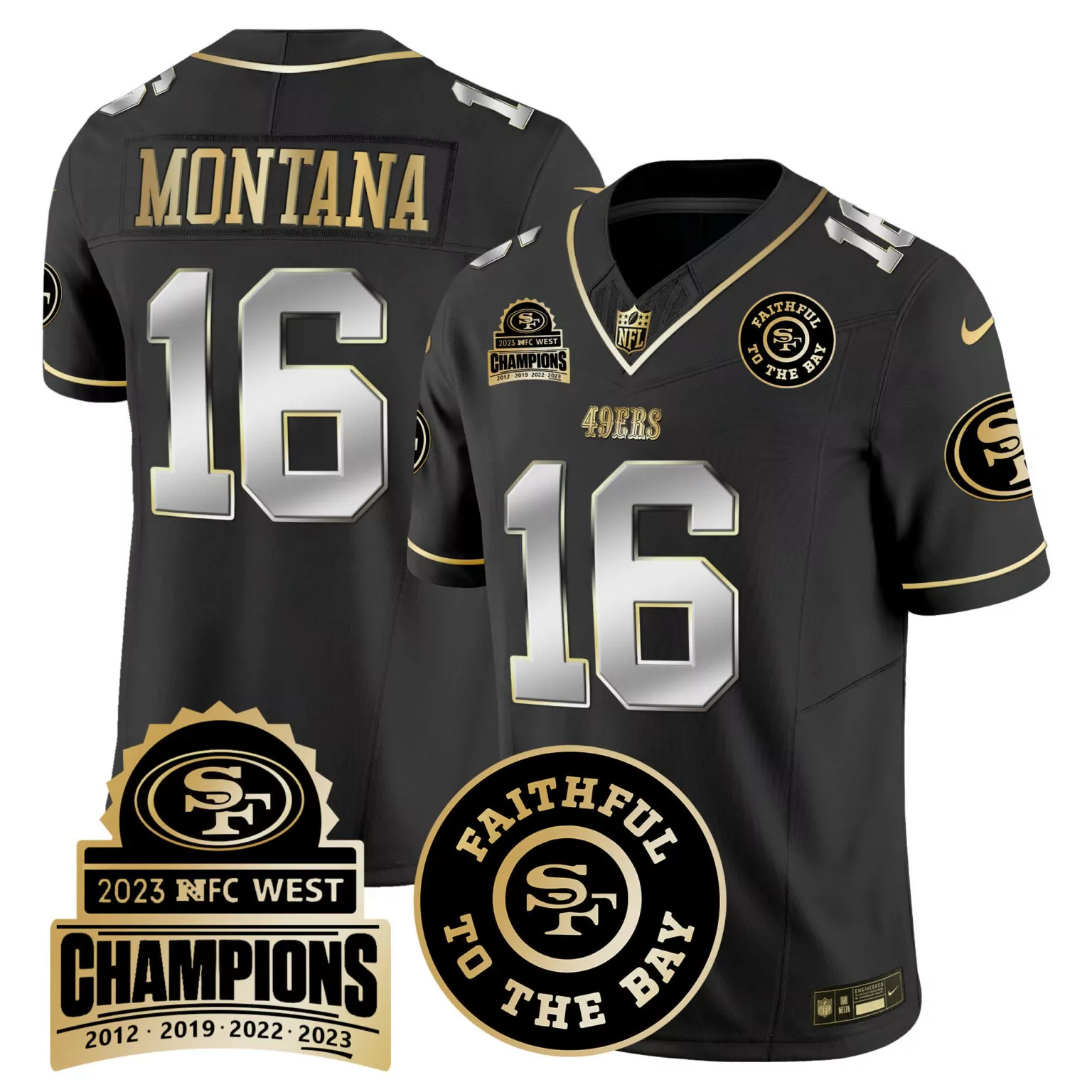 Joe Montana 16 49ERS Jersey Black NFC West Champions Faithful To Bay Men Gold Silver