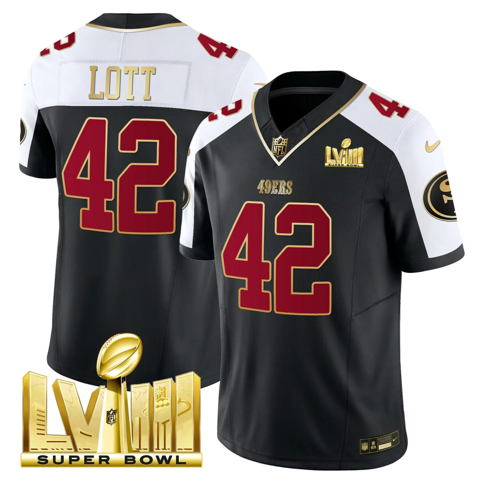 Ronnie Lott 42 49ERS Jersey Black Super Bowl Lviii Men Split Design White Gold Maroon